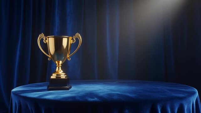 Golden trophy shining under a single dramatic spotlight, placed on a luxurious royal blue