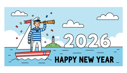 Sailor celebrating 2026 New Year on a boat looking toward the future with a spyglass Vector art