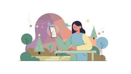 Vector illustration of woman using phone for holiday shopping or connecting