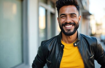 Obraz premium Hispanic man with beard smiles. He wears yellow shirt and black jacket outdoors. Person stands near building with glass windows. Man looks friendly and confident.