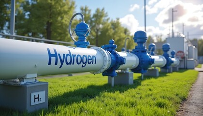 White hydrogen pipeline system carries H2 fuel in facility. Blue valves regulate flow in modern industrial plant outdoors on sunny day. Green energy infrastructure supports sustainable power