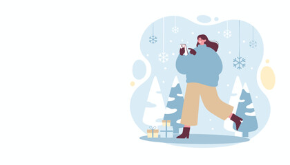 Happy woman using smartphone for holiday shopping in a snowy winter scene with gifts