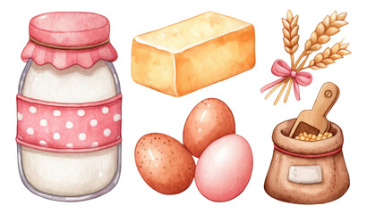 Watercolor Farmhouse Ingredients for Baking with Eggs, Butter, and Grains