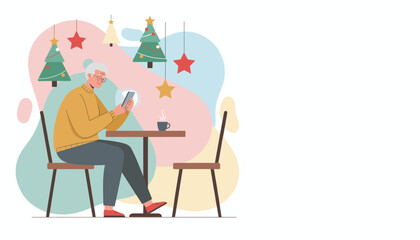 Modern grandma checks phone at a festive winter cafe illustrating digital connection and holiday greetings