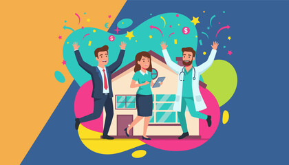 Success celebration businessman doctor and woman cheer near a house with money confetti