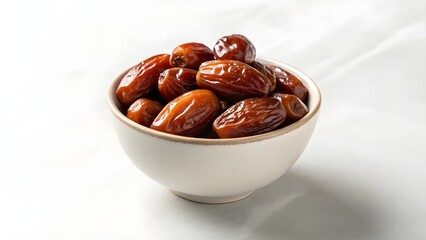 A bowl filled with dates, showcasing their rich color and texture against a bright, neutral background.
