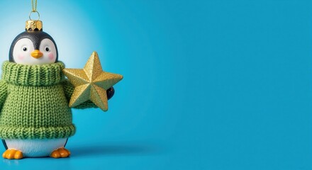 A cute penguin Christmas ornament wearing a green knitted sweater and holding a gold star. Festive holiday decoration on a blue background with copy space