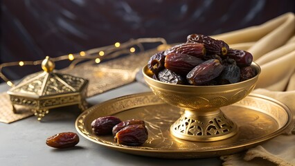 Dates in a golden bowl on a tray, with a decorative box and fairy lights in the background.