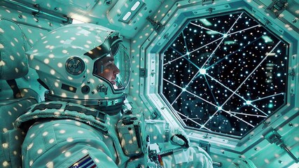 astronaut gazing at cosmic dust through spaceship window, futuristic interior | science fiction, space travel, future, exploration, technology theme