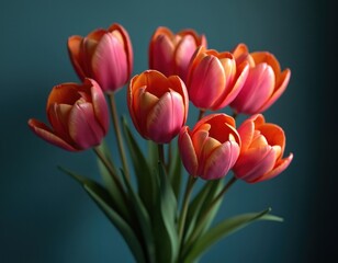 Fototapeta premium Red and orange tulips are arranged in a bouquet against a dark teal background. Fresh flowers with green leaves create a beautiful floral display. Perfect for spring cards or decor.