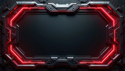 Sci-fi frame border with neon lights. Cyberpunk tech interface panel. Digital design for virtual reality game screen element. Futuristic display and hud control panel. Technology background art.