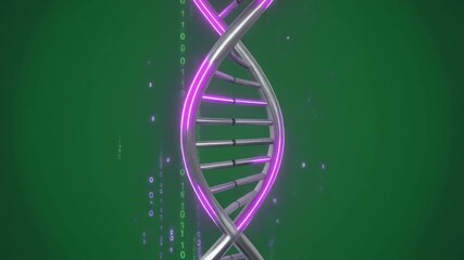 A 3D illustration of a metallic DNA double helix with glowing purple strands and digital particles on a green background. - Powered by Adobe