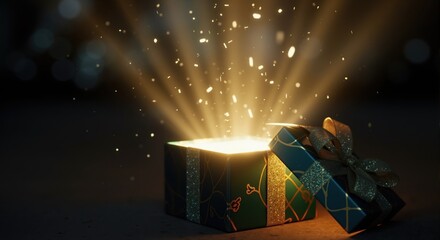 An open gift box glowing with magical light and sparkling particles. A surprise present for a festive holiday or special occasion on a dark background