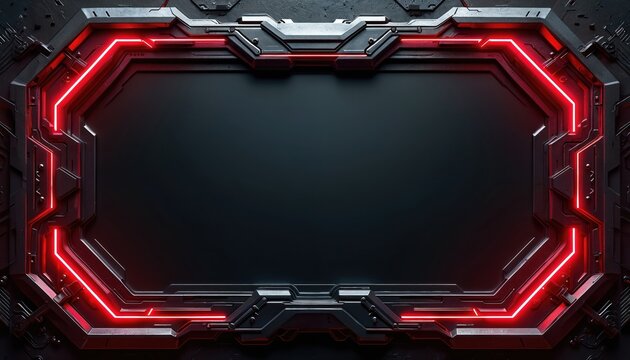 Sci-fi frame border with neon lights. Cyberpunk tech interface panel. Digital design for virtual reality game screen element. Futuristic display and hud control panel. Technology background art.