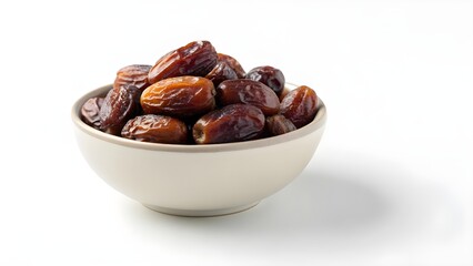 Obraz premium A bowl filled with dates on a white background, showcasing the fruit's texture and color.