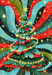 Fototapeta premium Glowing Christmas tree with star topper and golden lights on vibrant patterned background, ideal for holiday greeting card, wrapping paper, prints, and seasonal designs