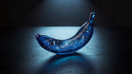 A translucent glass banana filled with a swirling starry galaxy, complete with planets, nebulae, and constellations, glowing in ethereal blue light on a dark wooden surface