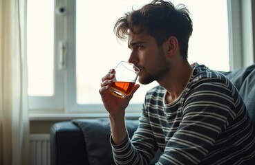 Young man drinks whiskey alone on sofa at home by window. Looks sad, stressed, reflecting on life problems. Guy feels lonely, perhaps depressed. Mental health, alcoholism concept, substance abuse