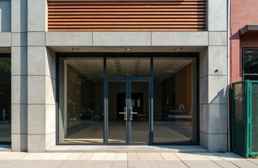 Obraz premium Storefront with big glass door is in sunlight. Building facade has wooden elements. Empty room is inside. Real estate market shows new opportunities for business.