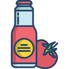 Red Tomato Sauce Bottle With Yellow Label And Fresh Red Tomato On Transparent Background Flat Design Icon
