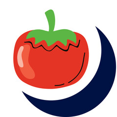 Red Tomato With Green Stem Next To Dark Blue Crescent Moon On A White Background