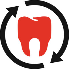 Red Tooth Icon With Circular Arrows Symbolizing Dental Care and Oral Hygiene Against a Transparent Background
