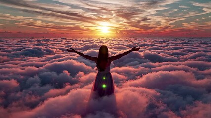 woman silhouette sunset clouds ethereal dreamlike spiritual scene | spirituality, meditation, peacefulness, dreamscape, hope theme