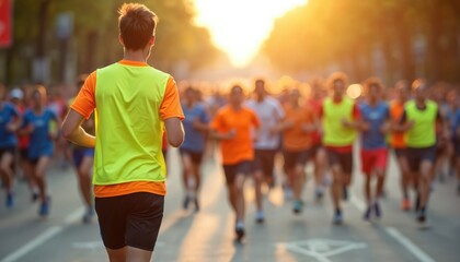 Man wearing neon yellow vest leads a group of runners in a charity run on a sunny day. People jogging together on road. Runners participating in marathon event.