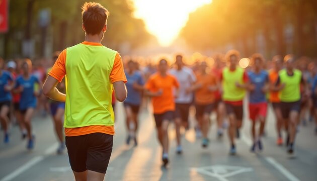 Man wearing neon yellow vest leads a group of runners in a charity run on a sunny day. People jogging together on road. Runners participating in marathon event.