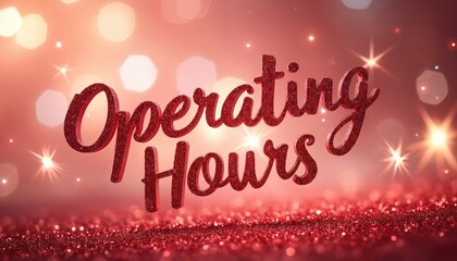 Glittery operating hours text on red bokeh festive sparkles backdrop. Calligraphic lettering gives sparkle mood. Great for holiday shopping season or retail promo or business schedule event.