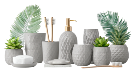 Bathroom accessories toothbrush, soap, greenery, and dispenser set up