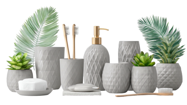 Bathroom accessories toothbrush, soap, greenery, and dispenser set up