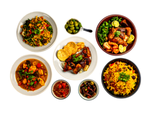 A variety of colorful and flavorful Indian dishes served in bowls and plates with fresh herbs and garnishes