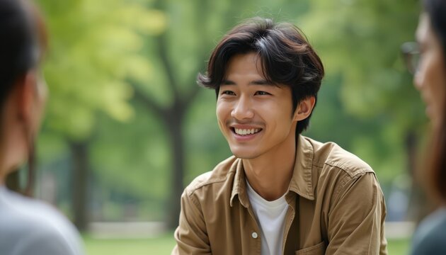 Young Asian man smiles talking to friends outdoors. People chat, share stories, build connections in park setting. Diverse group enjoys conversation during daytime, green trees background. - Powered by Adobe