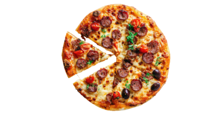 Appetizing pepperoni pizza with a missing slice, top-down view