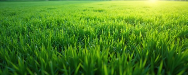 Vast green grass field under bright sunlight. Rich lawn blades show texture and depth creating natural background for outdoor scenes. Perfect for nature.
