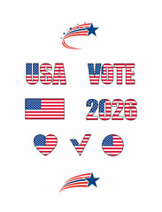 USA flag, Set of red blue stripes with stars , Design elements, Vote 2026, 4th of July, Memorial day, Veterans day, Sticker set