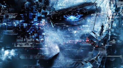 Close-up of a digitally enhanced human face, overlaid with glitch-style data streams and fragmented shapes