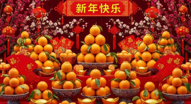 Chinese New Year Oranges  Festive Red Decor.