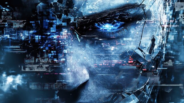 Close-up of a digitally enhanced human face, overlaid with glitch-style data streams and fragmented shapes - Powered by Adobe