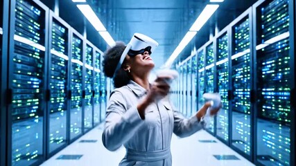 A woman in a data center wears a VR headset and controllers, smiling, surrounded by servers - Powered by Adobe
