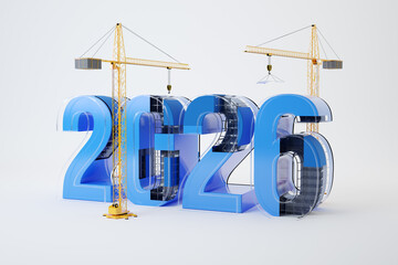 2026 and cranes - blue, 3d illustration