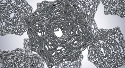 Intricate metallic cubes, a modern abstract design perfect for technology or design projects, showcasing complexity and innovation in a sleek, eye-catching composition