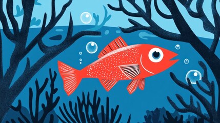 Vibrant red fish swims through coral reef