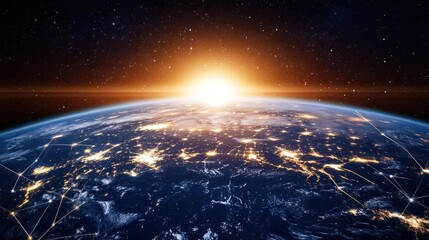 Earth at dawn, glowing cities, network lines