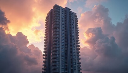 Tall apartment building stands against colorful cloudscape. Balconies line exterior of modern structure. Dramatic sunset colors sky with orange, pink shades. Building represents urban living, real