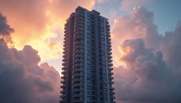 Tall apartment building stands against colorful cloudscape. Balconies line exterior of modern structure. Dramatic sunset colors sky with orange, pink shades. Building represents urban living, real
