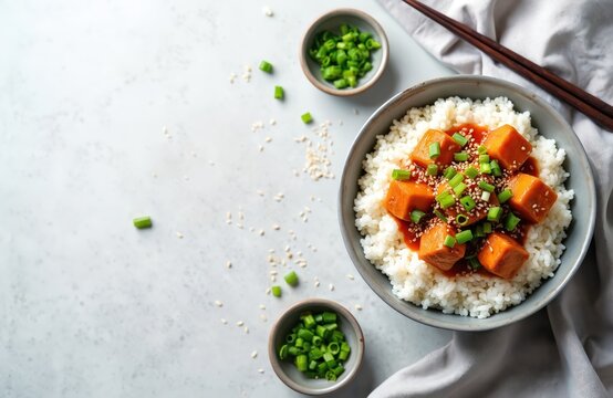 Korean dubu-jorim served with white rice in gray bowl. Spicy braised tofu cubes topped with sesame seeds and green onions. Simple Asian vegetarian meal with chopsticks.