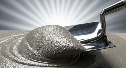 Wet concrete mixture being shoveled with a trowel for construction projects, home improvement articles, and DIY renovation guides