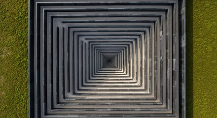 Modern architectural garden design with vibrant green moss creating a stunning optical illusion, perfect for innovative urban planning and landscape architecture projects